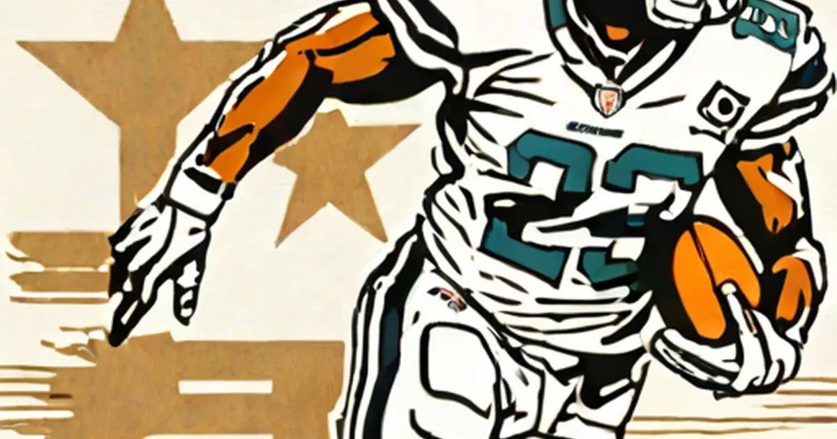 Stylized football player in orange, white and teal uniform with gold trophy