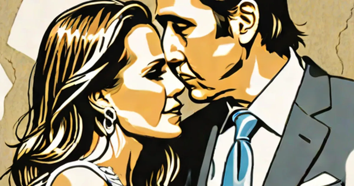 Illustrated man in suit with blue tie and woman about to kiss