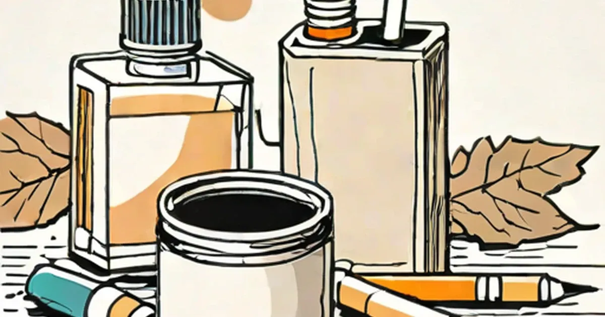 Cigarettes, vaping liquids, and dried tobacco leaves displayed