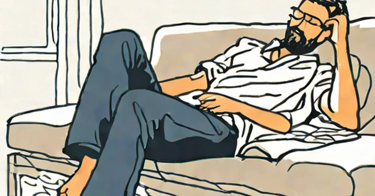 Man in bed with hand to his head amid rumpled bedding