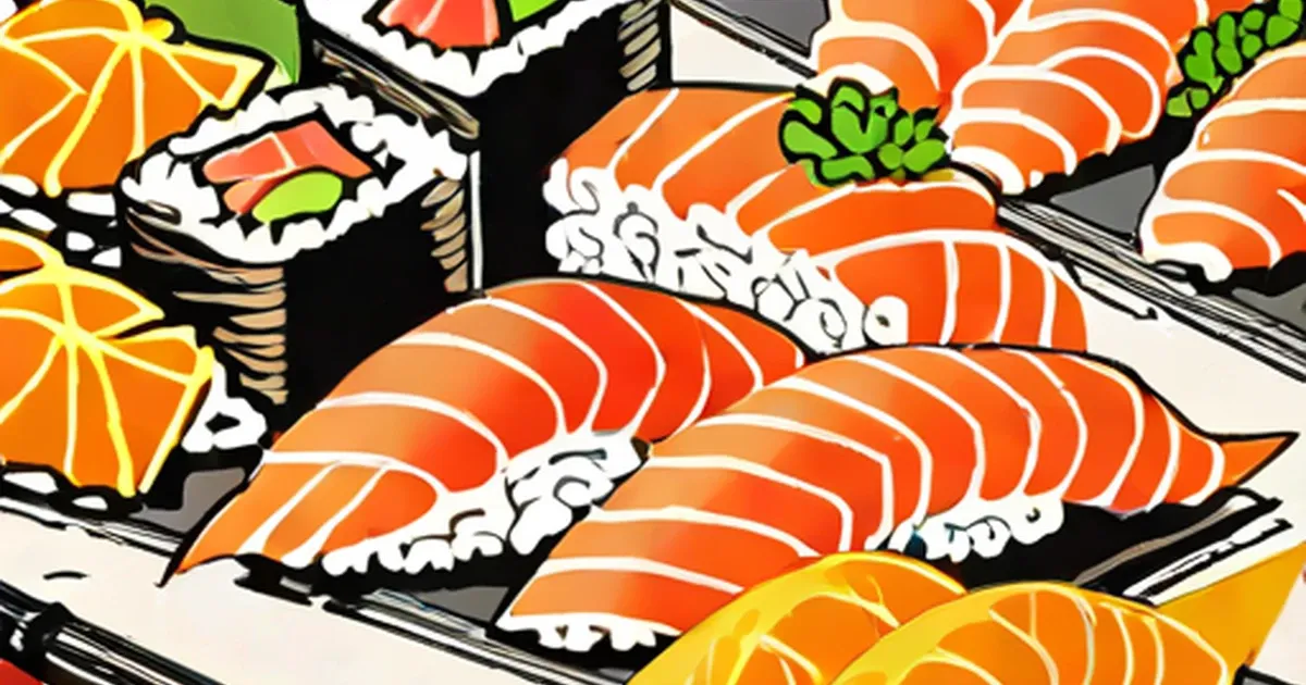 Illustrated nigiri sushi with salmon on rice and citrus slices