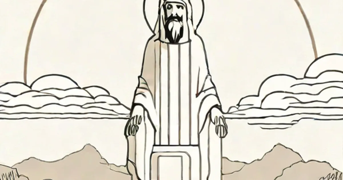 Figure with halo in white robes and long beard standing in desert landscape