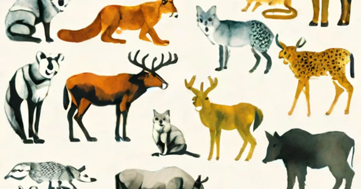Illustrated nocturnal animals including fox, badger, deer, and serval
