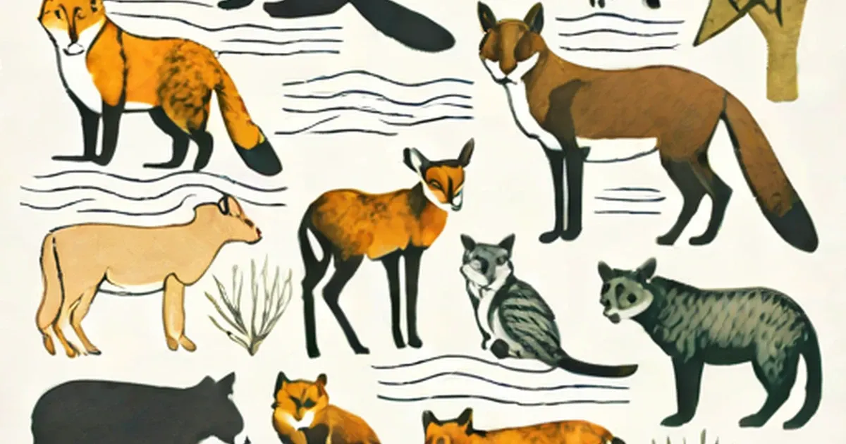 Stylized drawings of nocturnal animals including foxes, raccoons, owls, and deer