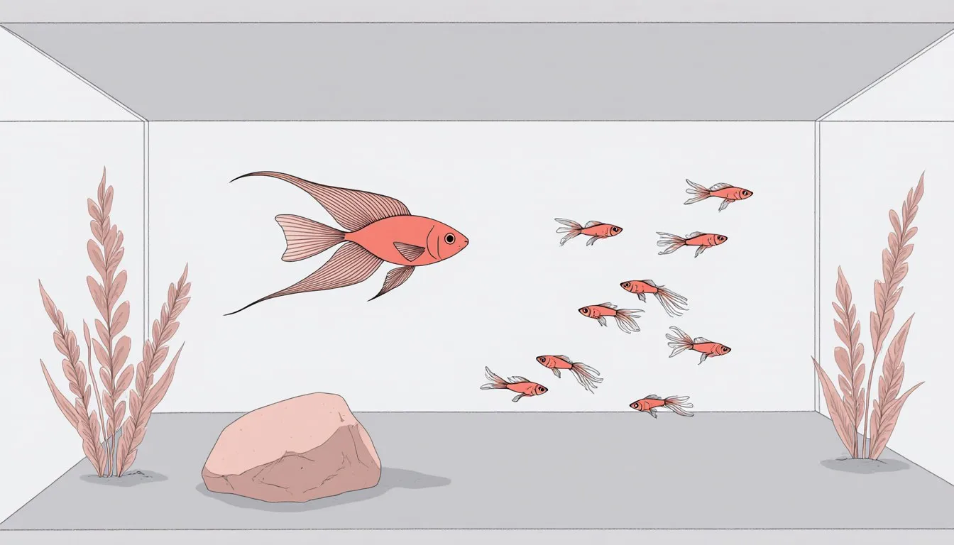 An angelfish swimming calmly among small barbs and guppies in a peaceful aquarium