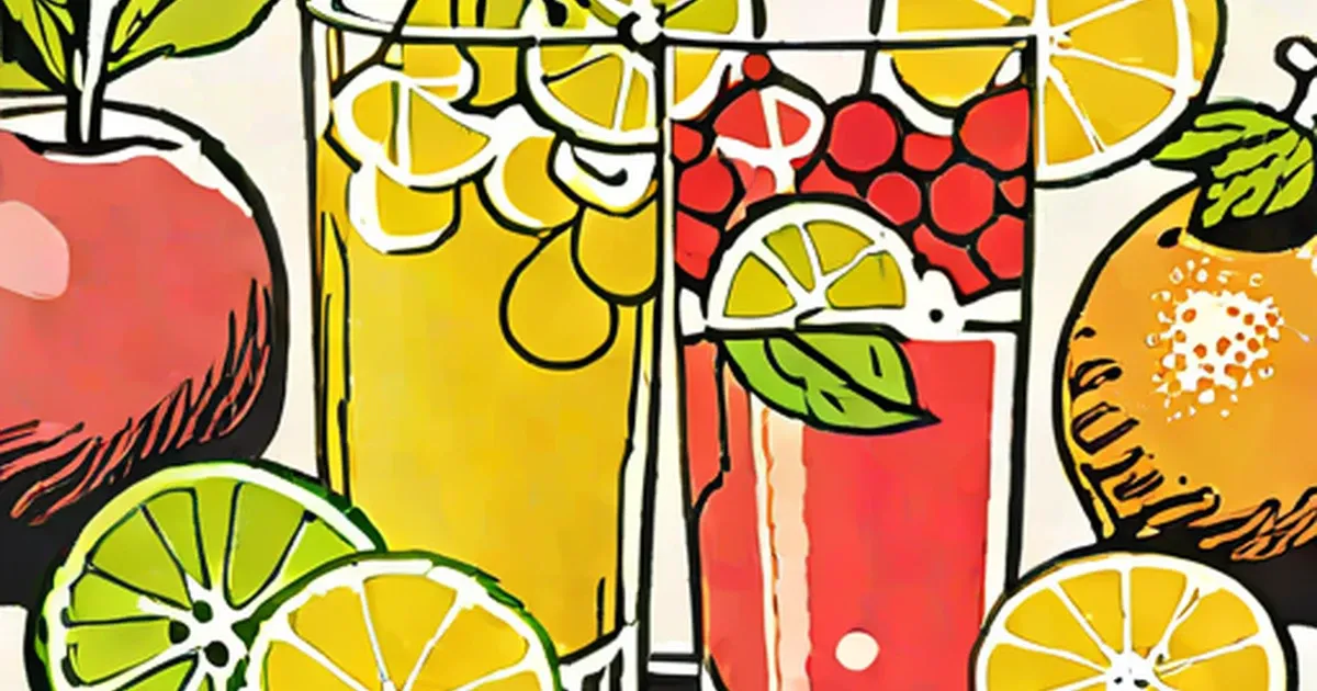 Colorful illustrated drinks with citrus and berry garnishes