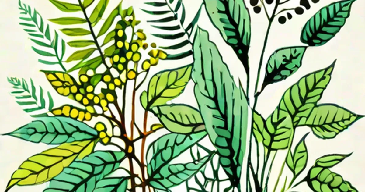 Various green leaves, fern fronds, and yellow seed clusters in botanical illustration