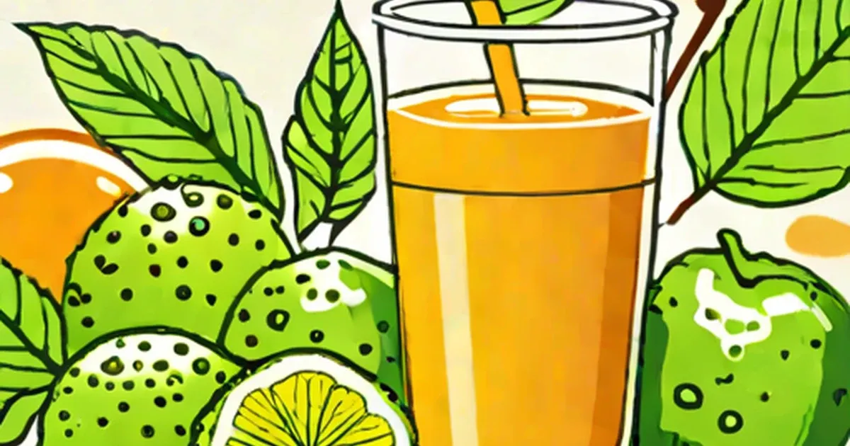 Illustrated glass of noni juice surrounded by bumpy green noni fruits