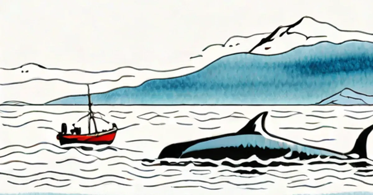 Whale surfaces near a small boat with snow-covered mountains