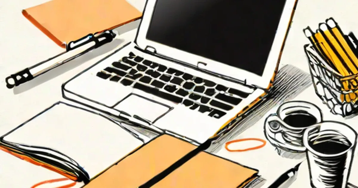Open laptop next to orange notebooks, pens, and coffee cups
