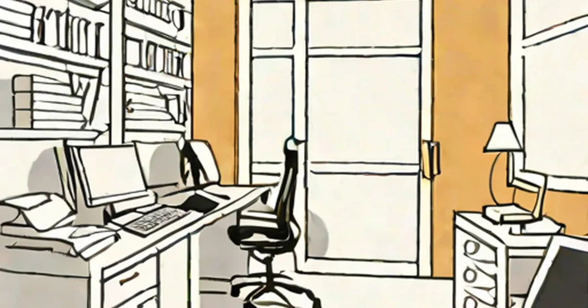Office interior illustration with computer desk, chair, and bookshelves