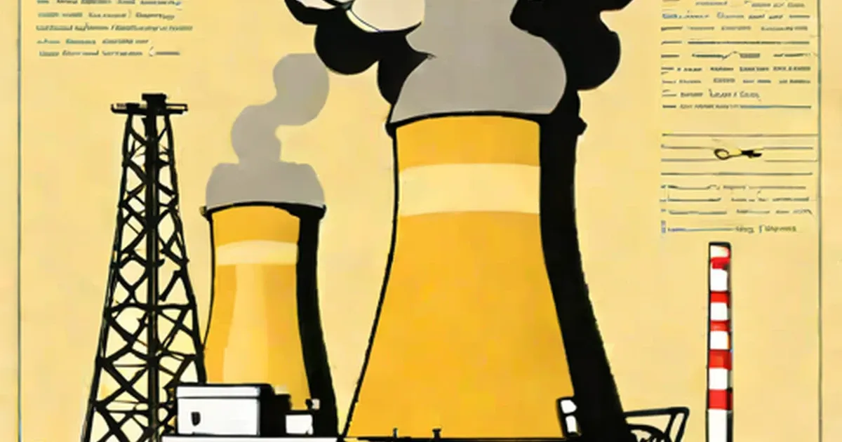 Two cooling towers with black tops and gray smoke at a nuclear power station