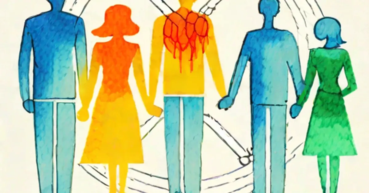 Colorful illustrated figures connected by lines showing family relationships