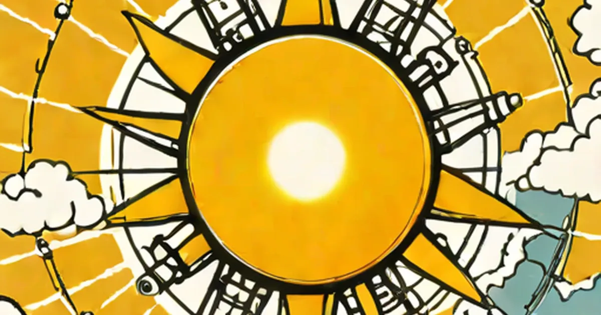 Stylized sun with bright white center surrounded by orbiting spacecraft