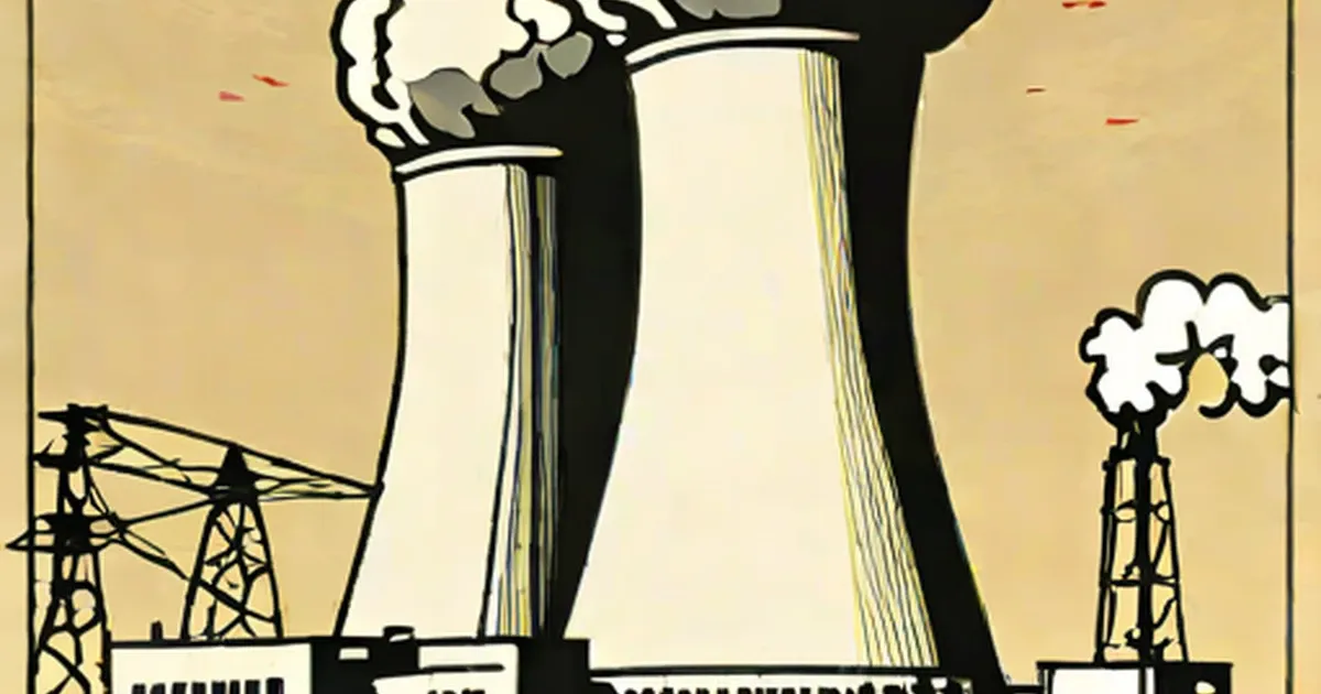 Nuclear power plant with two cooling towers releasing steam and power transmission lines