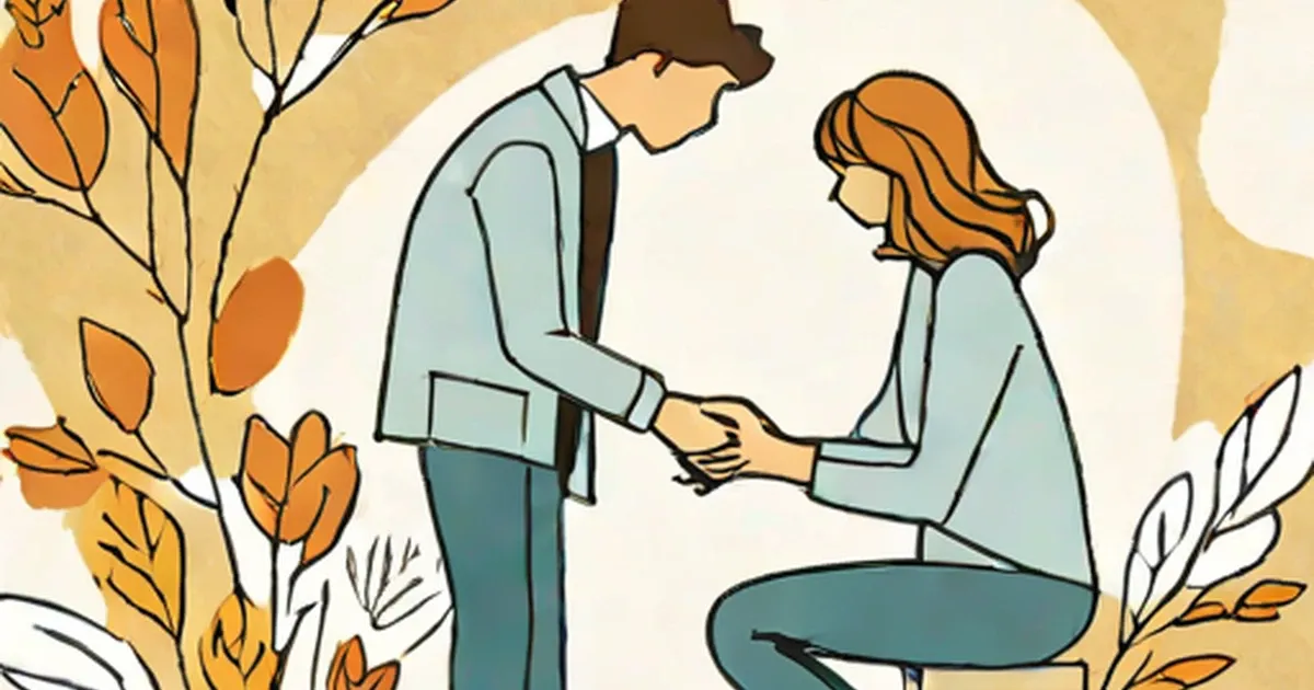 Couple holding hands among autumn leaves and branches