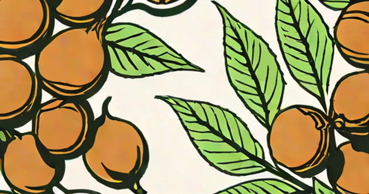 Orange nutmeg fruits with green leaves in an illustrated design