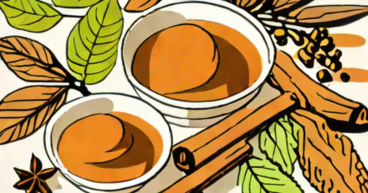 Ground nutmeg in white bowls surrounded by cinnamon, star anise, and fresh herbs