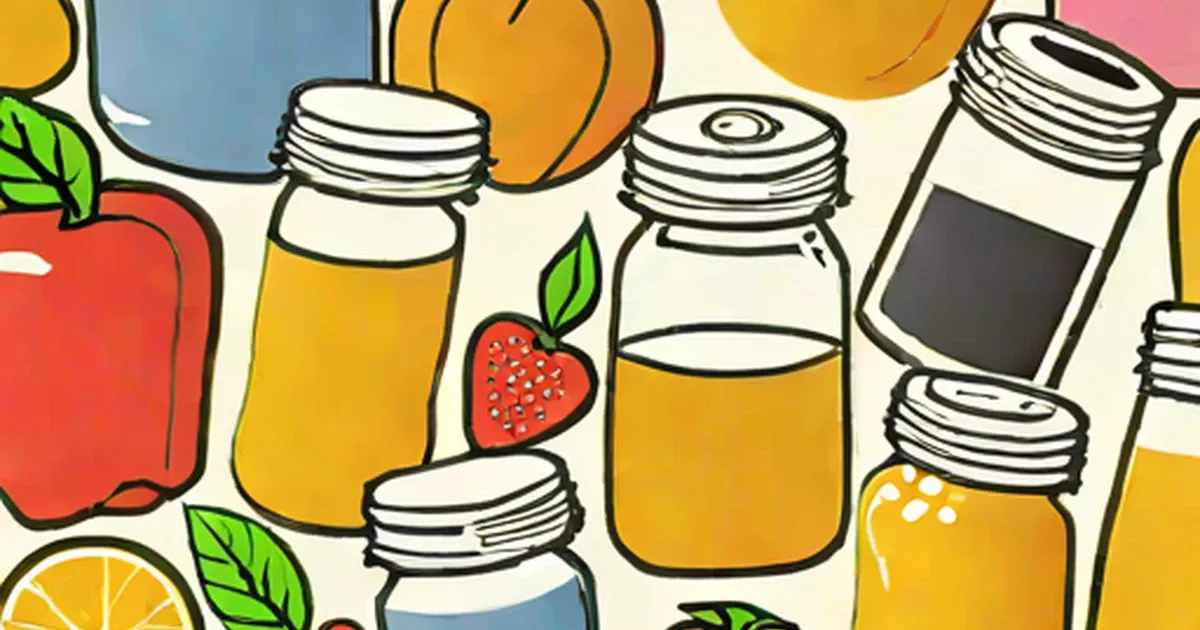 Illustrated glass jars with yellow supplement liquids, surrounded by fresh fruit and green leaves
