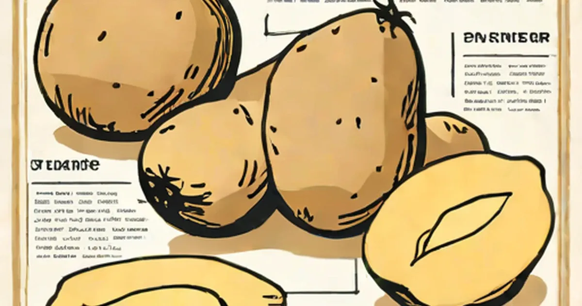 Illustrated potatoes labeled with nutritional information boxes