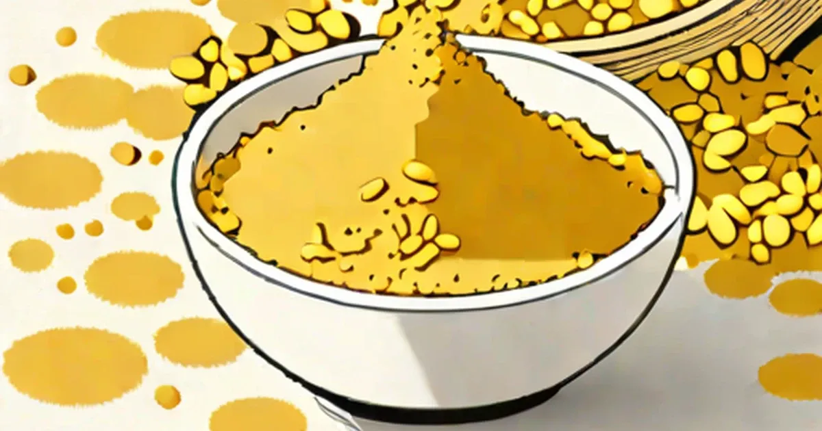 A bowl of yellow nutritional yeast flakes with scattered pieces on a light background