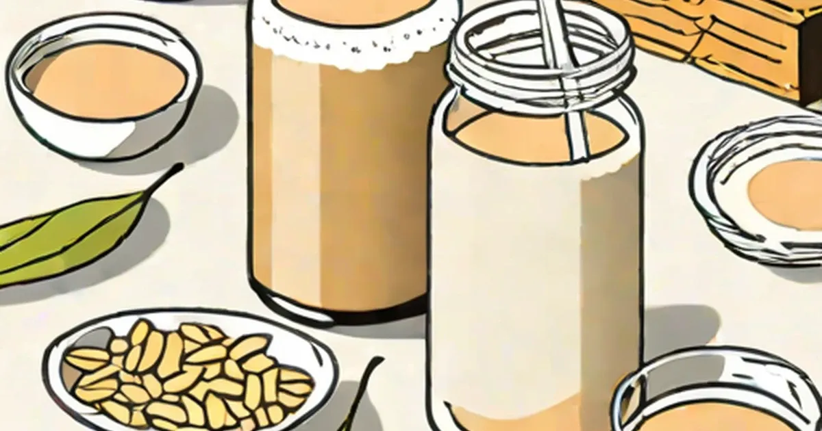 Jars of oat milk surrounded by oats and ingredient bowls