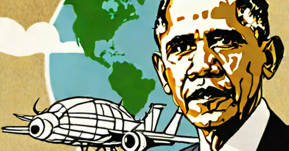 John Holdren portrait illustration with airplane and world map