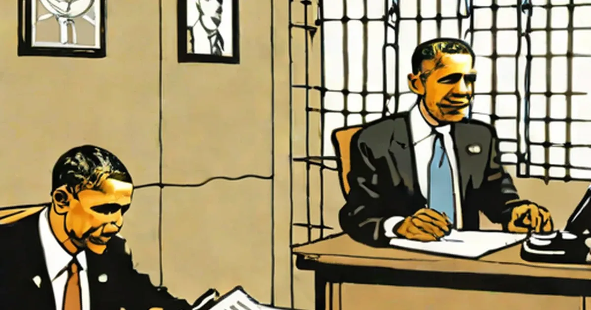 Two men in formal attire in office with barred window behind desk