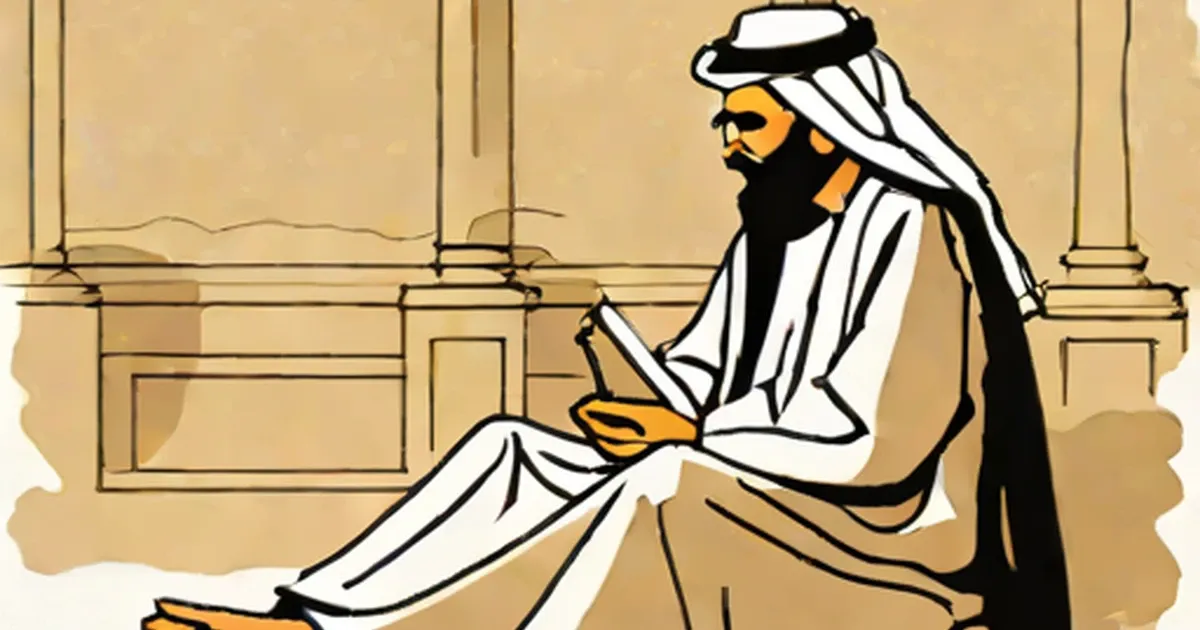Bearded man in traditional Arab dress seated indoors holding a pen