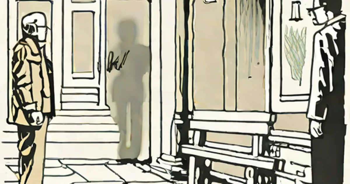 Urbano Lazzaro as a translucent figure in formal interior with skeleton and cloaked figure
