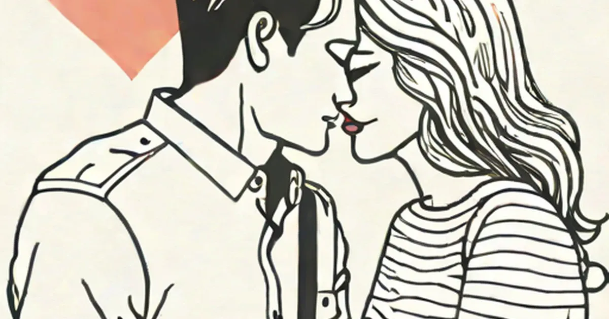 Two figures in line art facing each other closely, with a coral heart