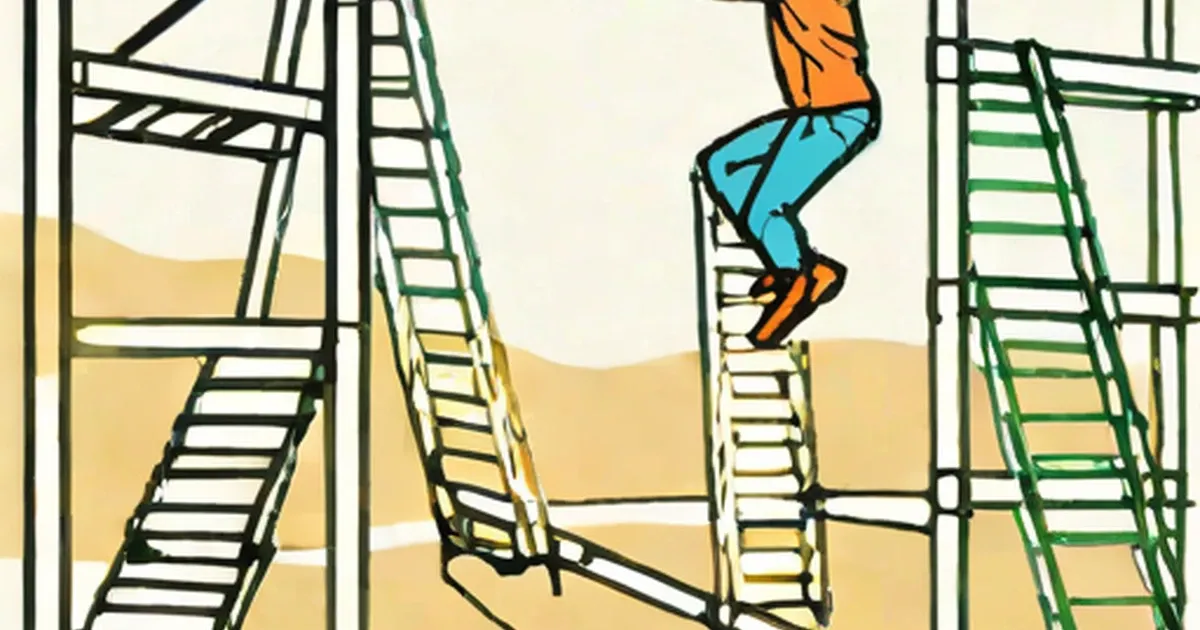 Person jumping over metal ladder obstacles on sandy ground