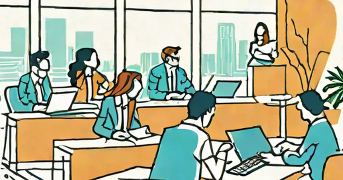 Illustrated business professionals working in a modern office