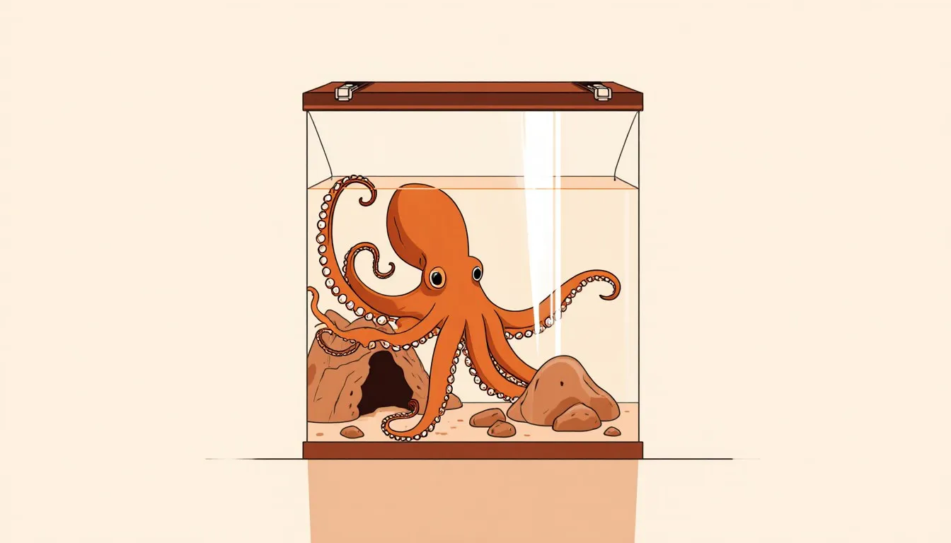 An octopus with curling arms inside a rectangular glass aquarium with rocks and a secure lid