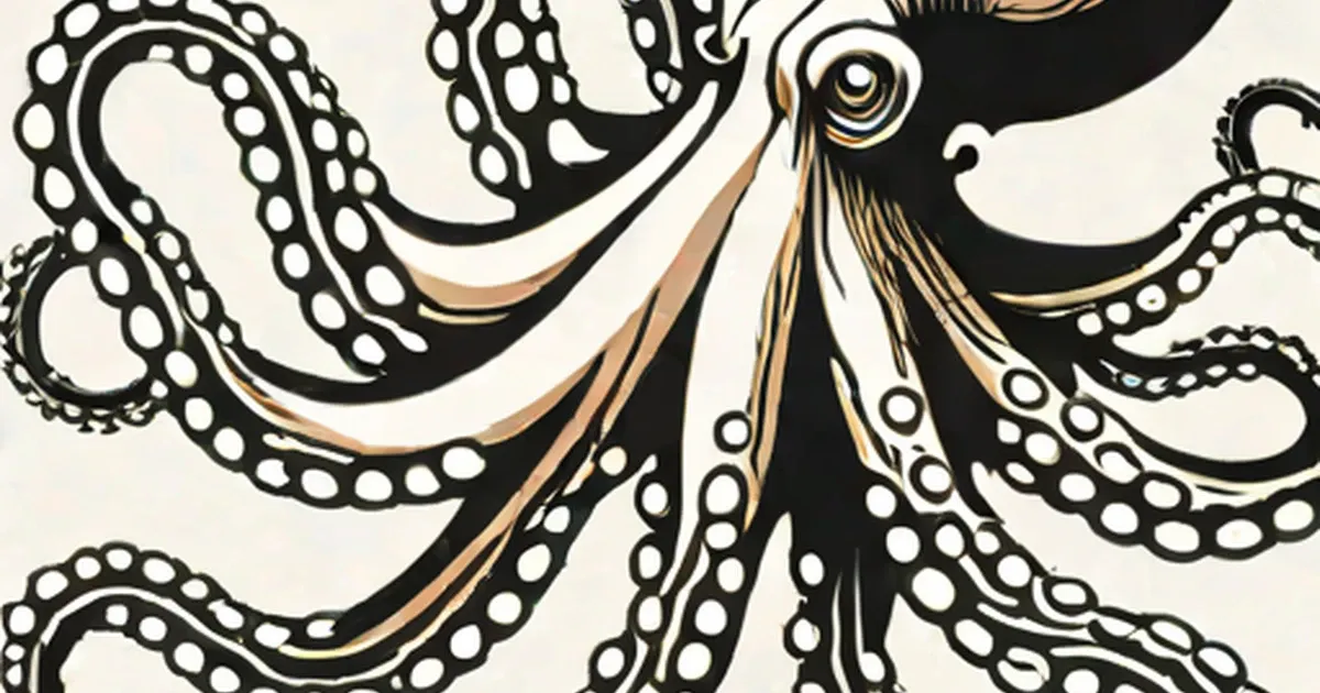 Octopus tattoo design in black with tentacles lined in white suction cups, golden eye