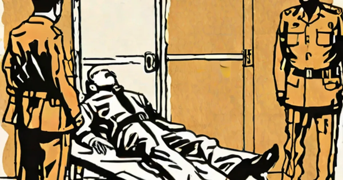 Graphic art of military guards overseeing a detainee at Guantanamo