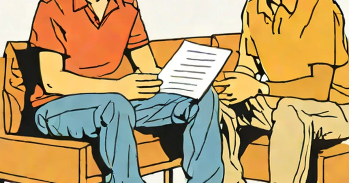 Two illustrated figures on orange couches, one holding a document, in conversation