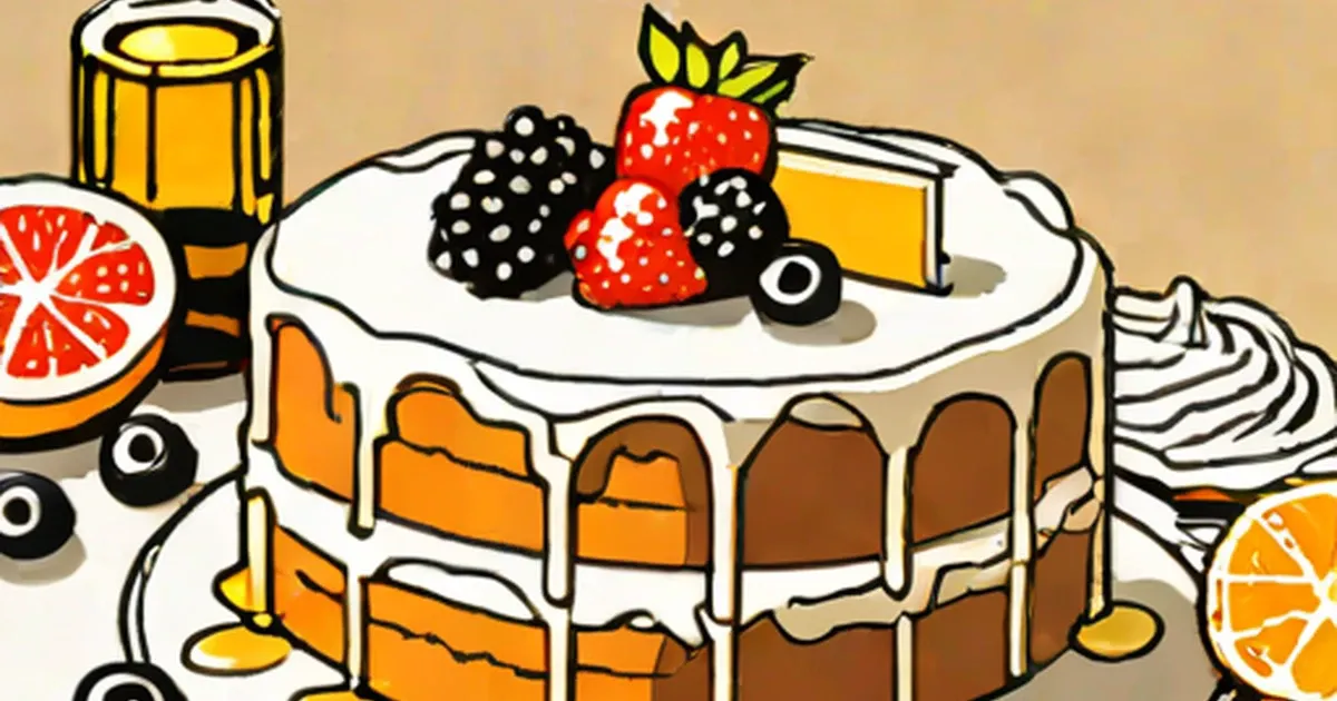 Illustrated cake with white frosting, topped with fresh strawberries and blackberries