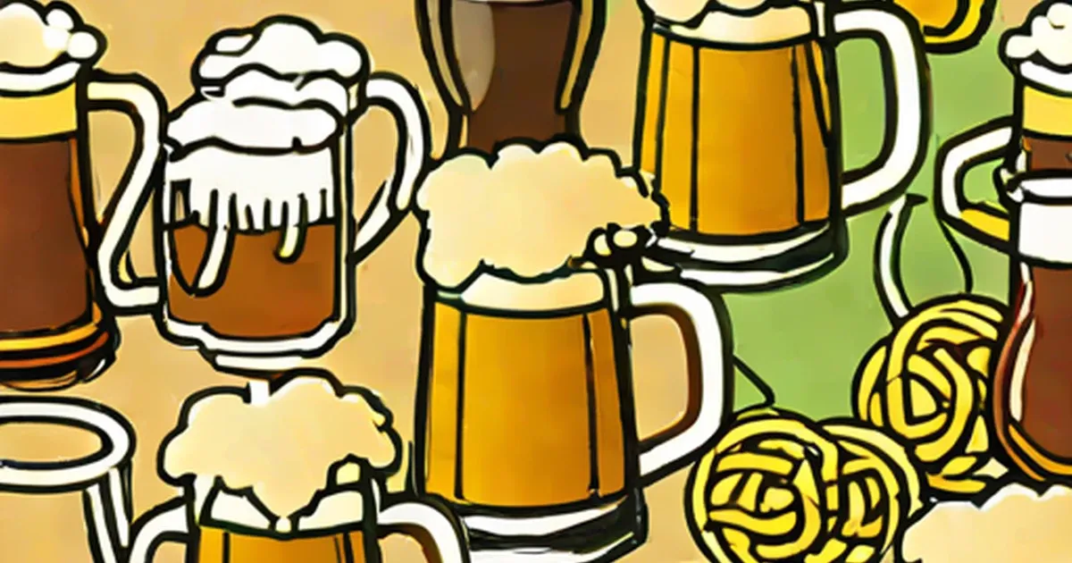 Cartoon beer steins topped with foam and pretzel snacks on yellow background