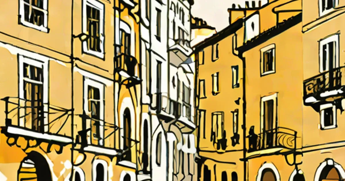 Illustrated Mediterranean street with yellow buildings, arched doorways, and ornate iron railings