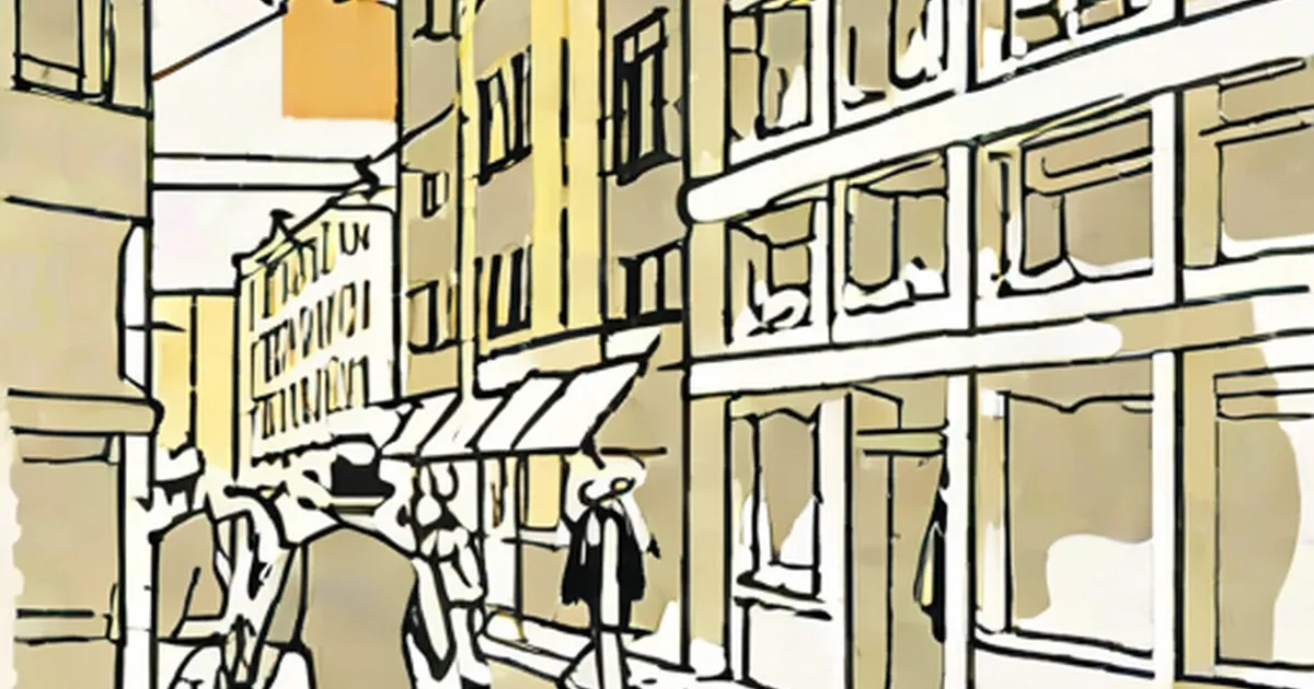 Street with identical multi-story buildings illustrated in a line-drawing style