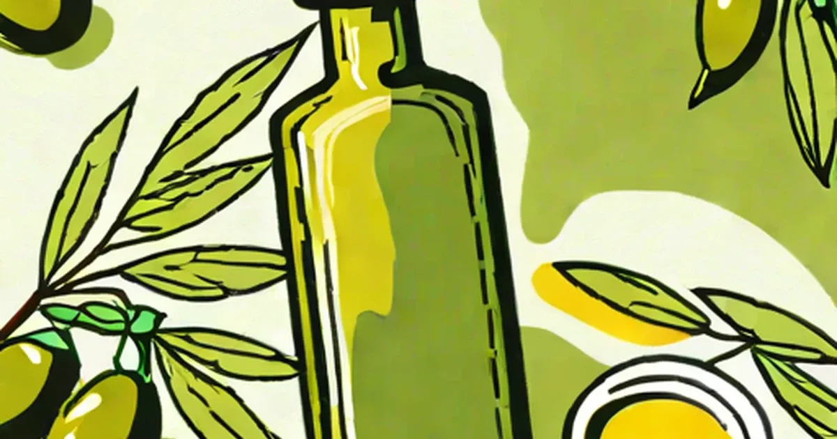 Bottle of olive oil surrounded by olive branches and fruit