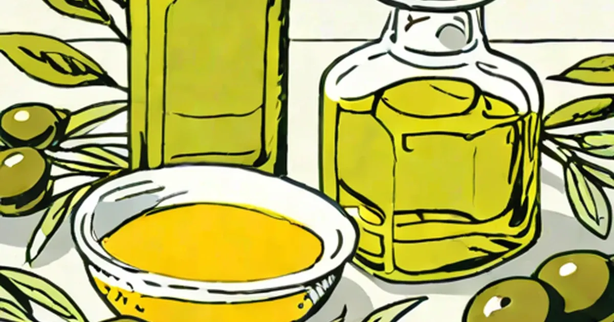 Bowl of golden olive oil surrounded by bottles and fresh olives