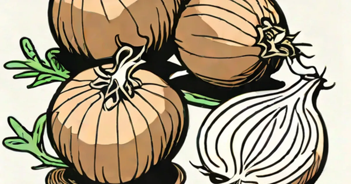 Whole and halved onions with green stems