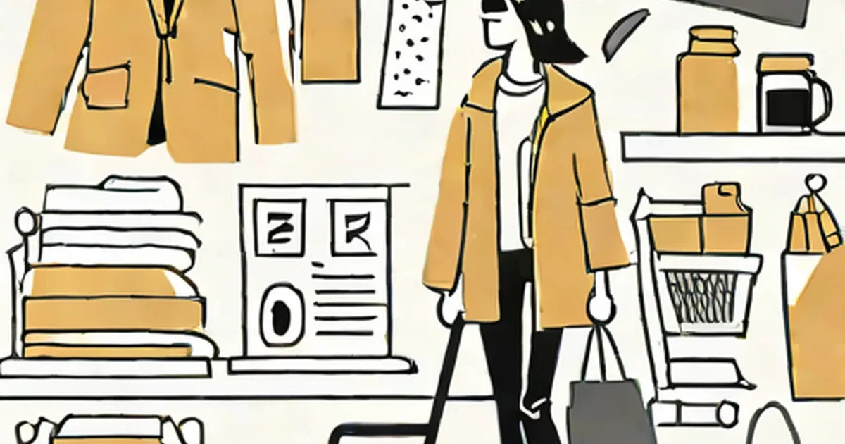 Shopper holding bags amid clothing, packages, and consumer goods