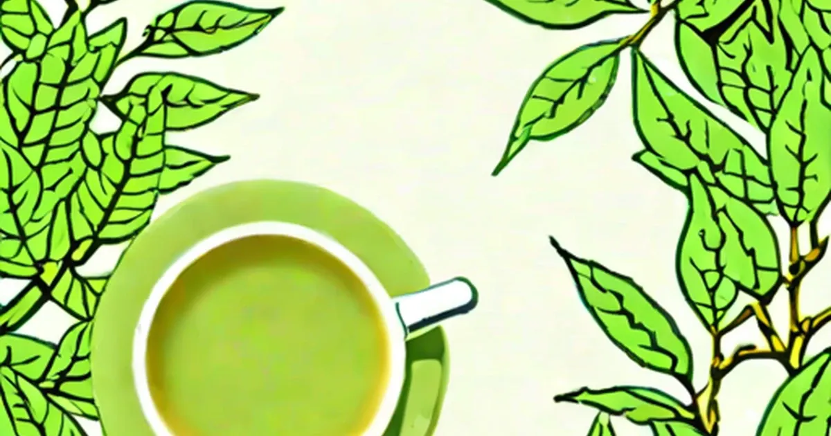 Cup of pale green tea surrounded by green tea leaves