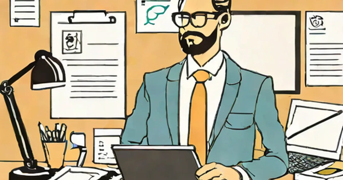 Man in teal blazer working at office desk with laptop and documents