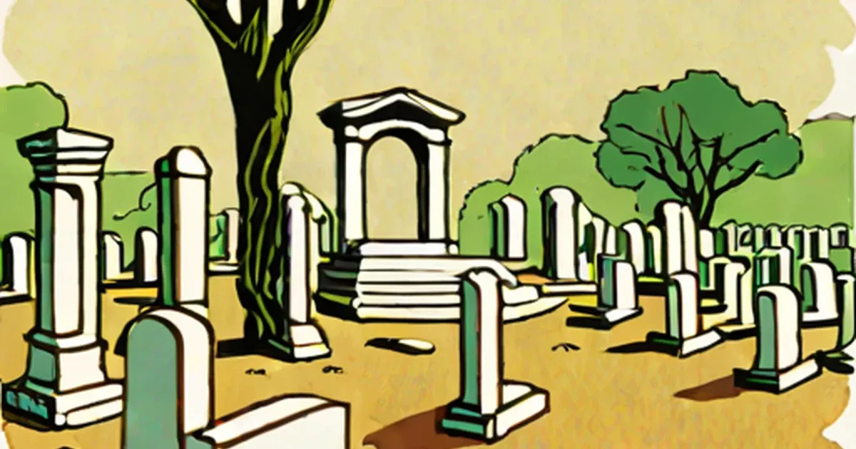 Cemetery with white headstones, cypress trees, and arched chapel