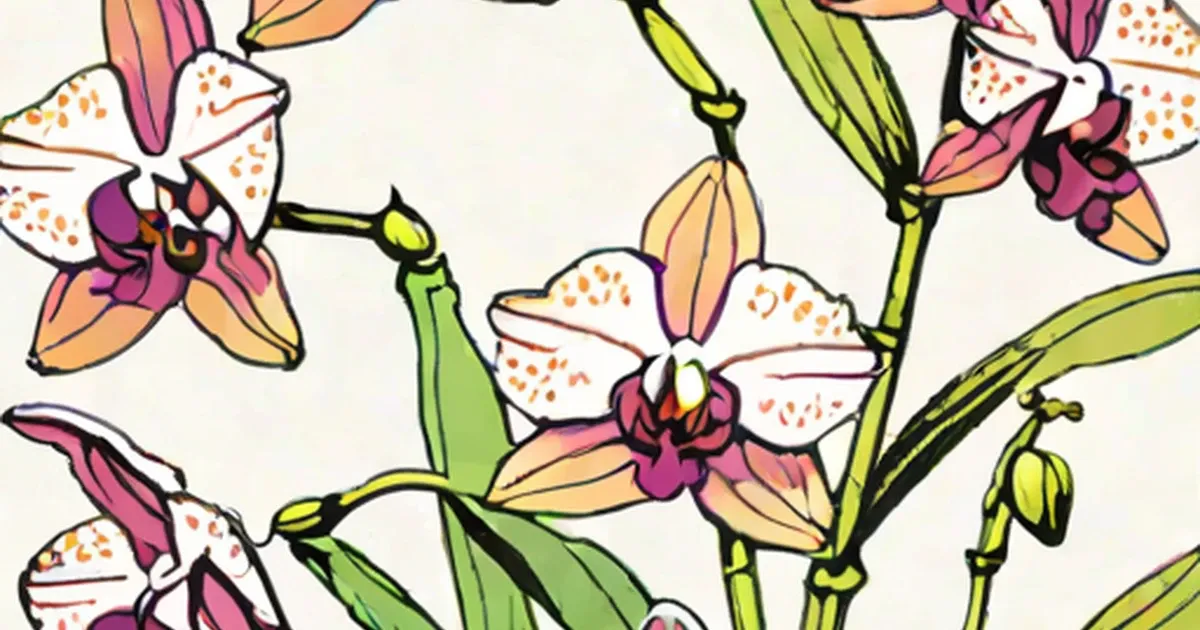 Illustrated orchids with white petals spotted orange and magenta centers, green stems