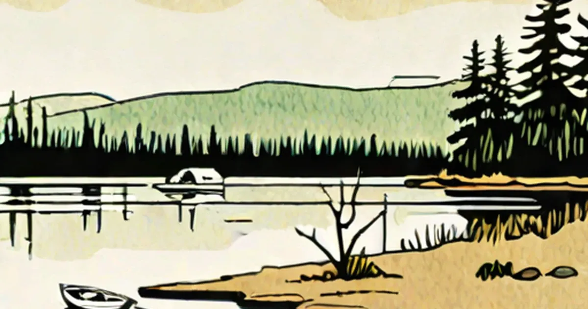 Illustration of a dry lakebed where a car crosses sandy ground past beached boats and forest